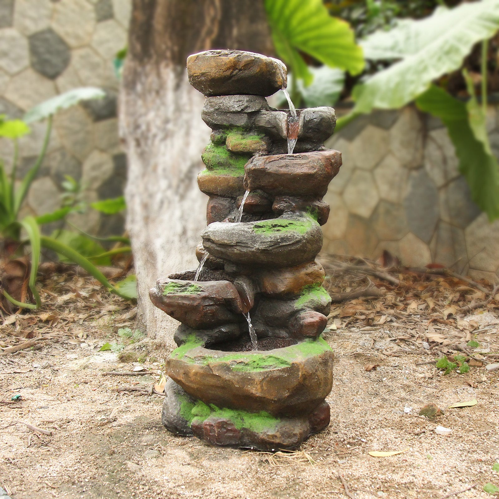 6-Tiered Natural Stone Look Water Garden Fountain 37.4’’H with LED Light - LS4172