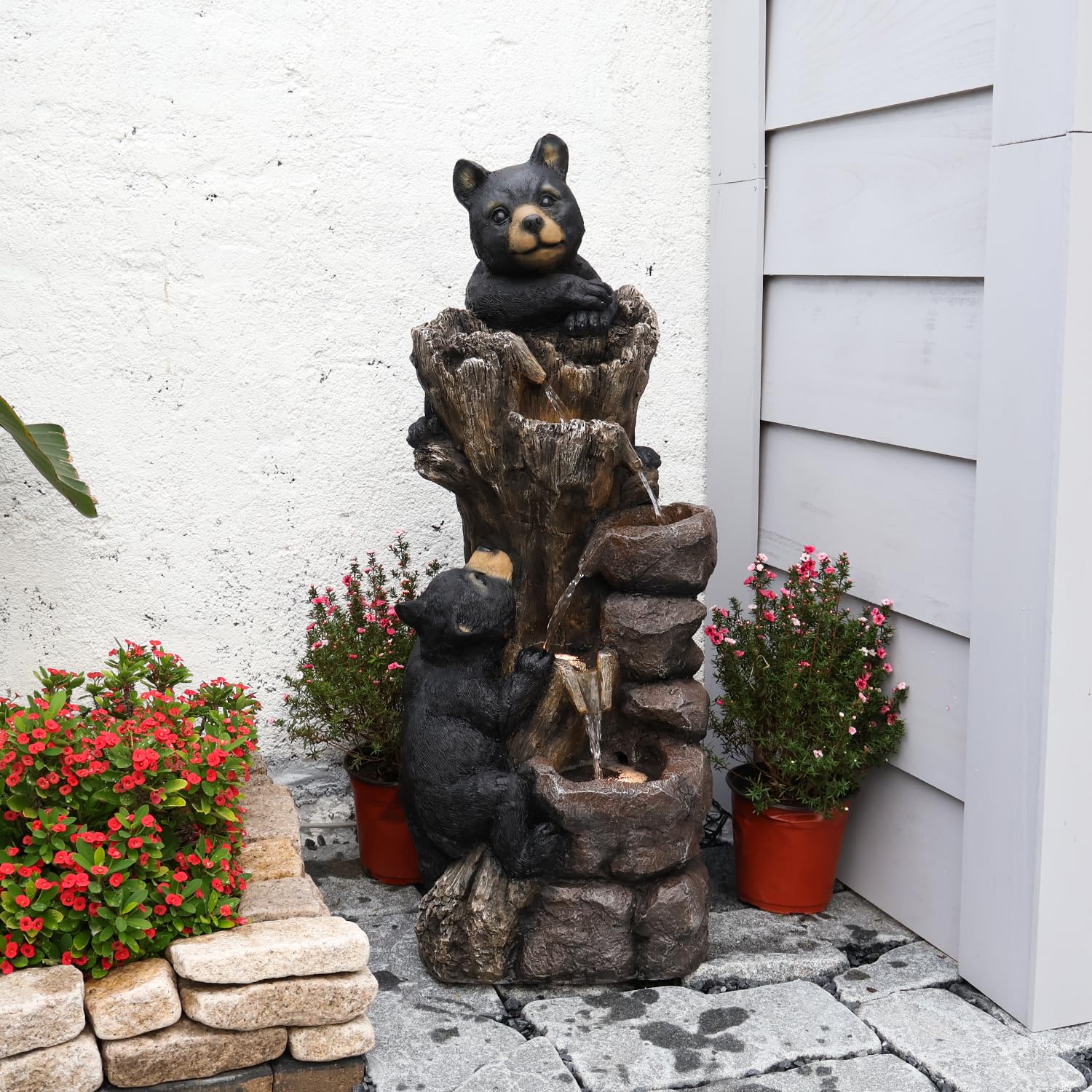 【Brand New】LS4616-40.16''H 5 Tier Water Garden Fountain Outdoor 2 Black Bears Climbing Tree Trunk Waterfall Fountains
