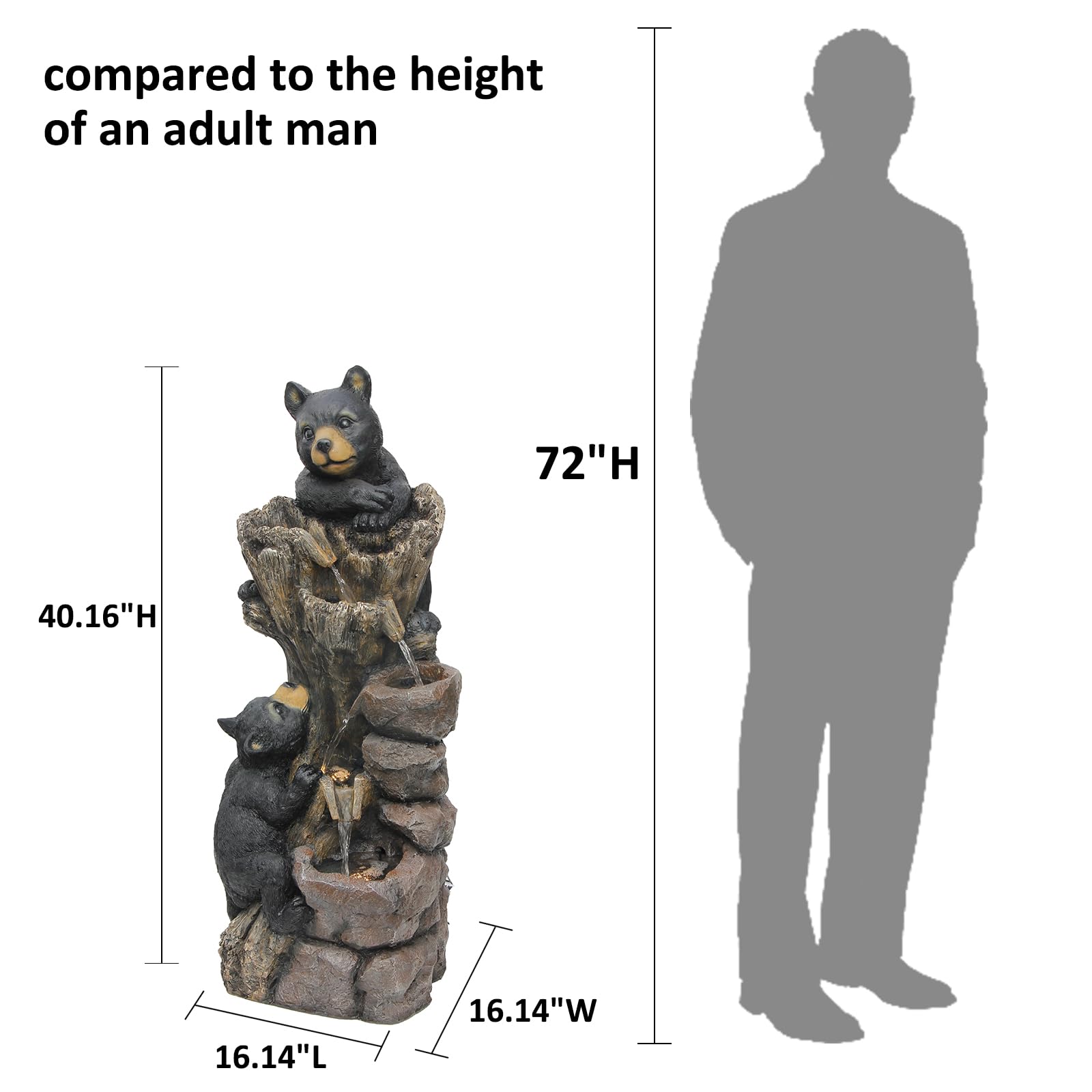 【Brand New】LS4616-40.16''H 5 Tier Water Garden Fountain Outdoor 2 Black Bears Climbing Tree Trunk Waterfall Fountains