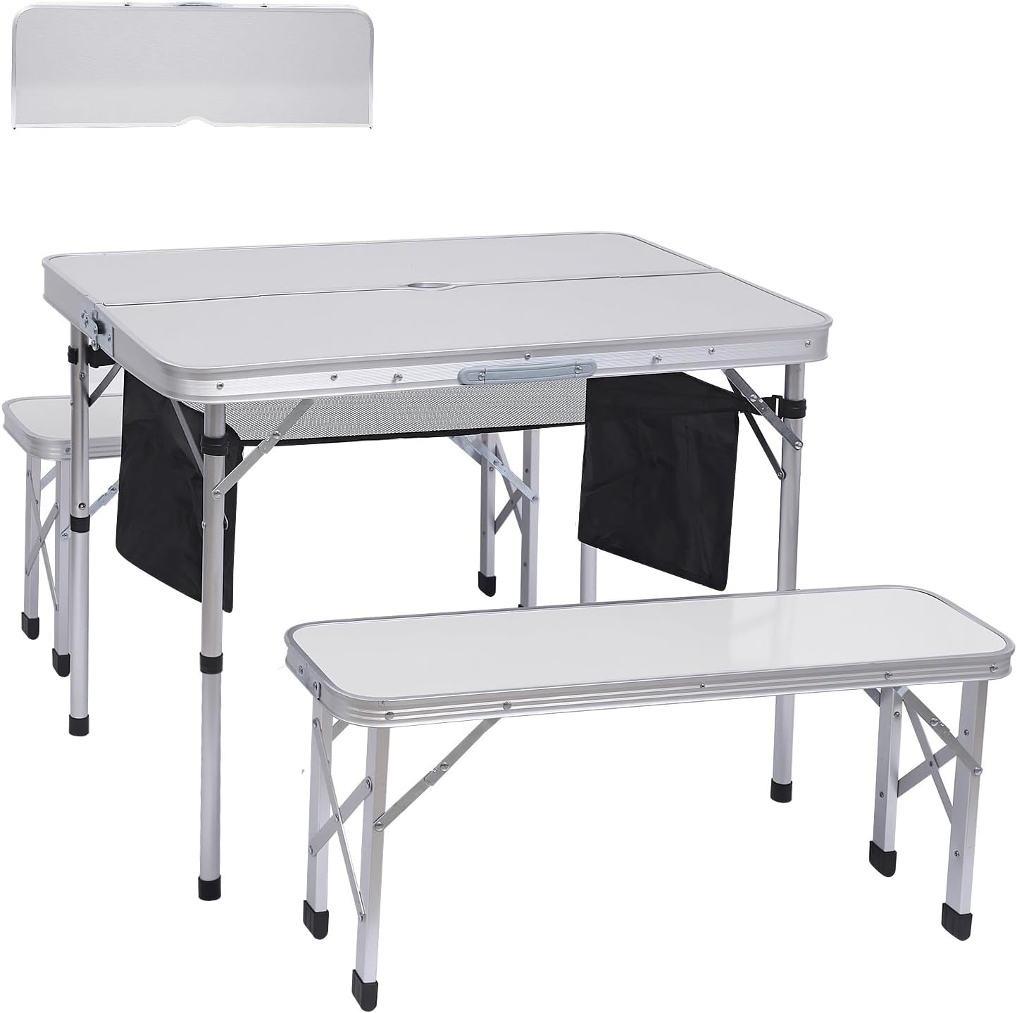 Camp Table Folding Camping Table Picnic Table Bench Set w/ 2 Benches, Umbrella Hole(White)