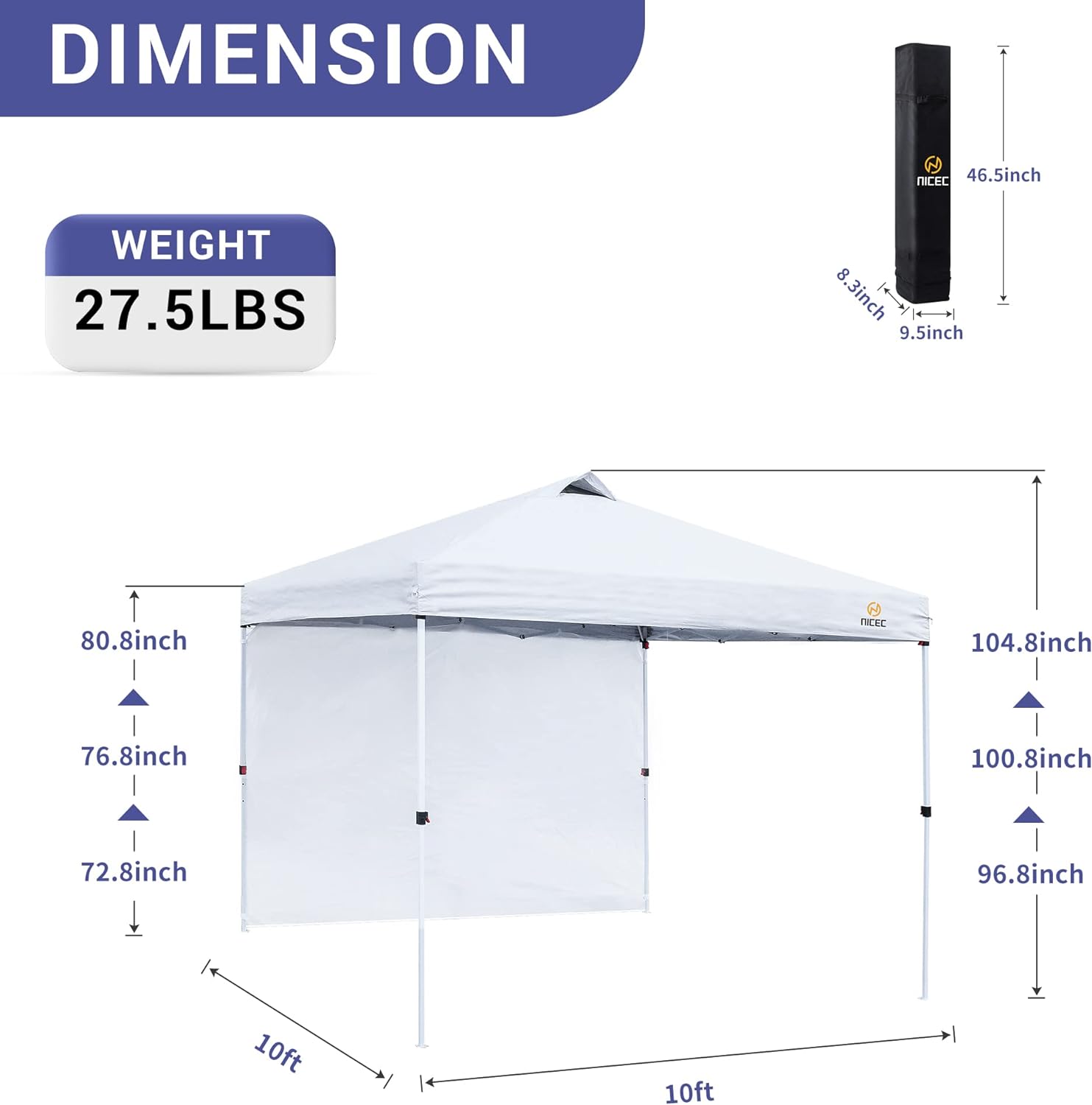 Pop Up Canopy Tent, 10x 10 Sun Shelter (Option for Detachable 0 wall/1 wall/4 wall）