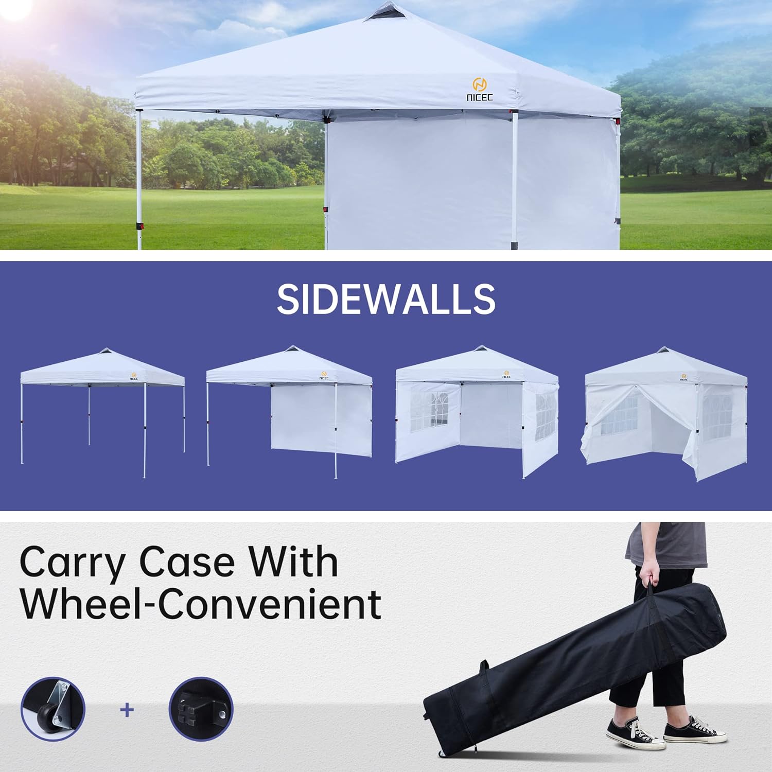 Pop Up Canopy Tent, 10x 10 Sun Shelter (Option for Detachable 0 wall/1 wall/4 wall）