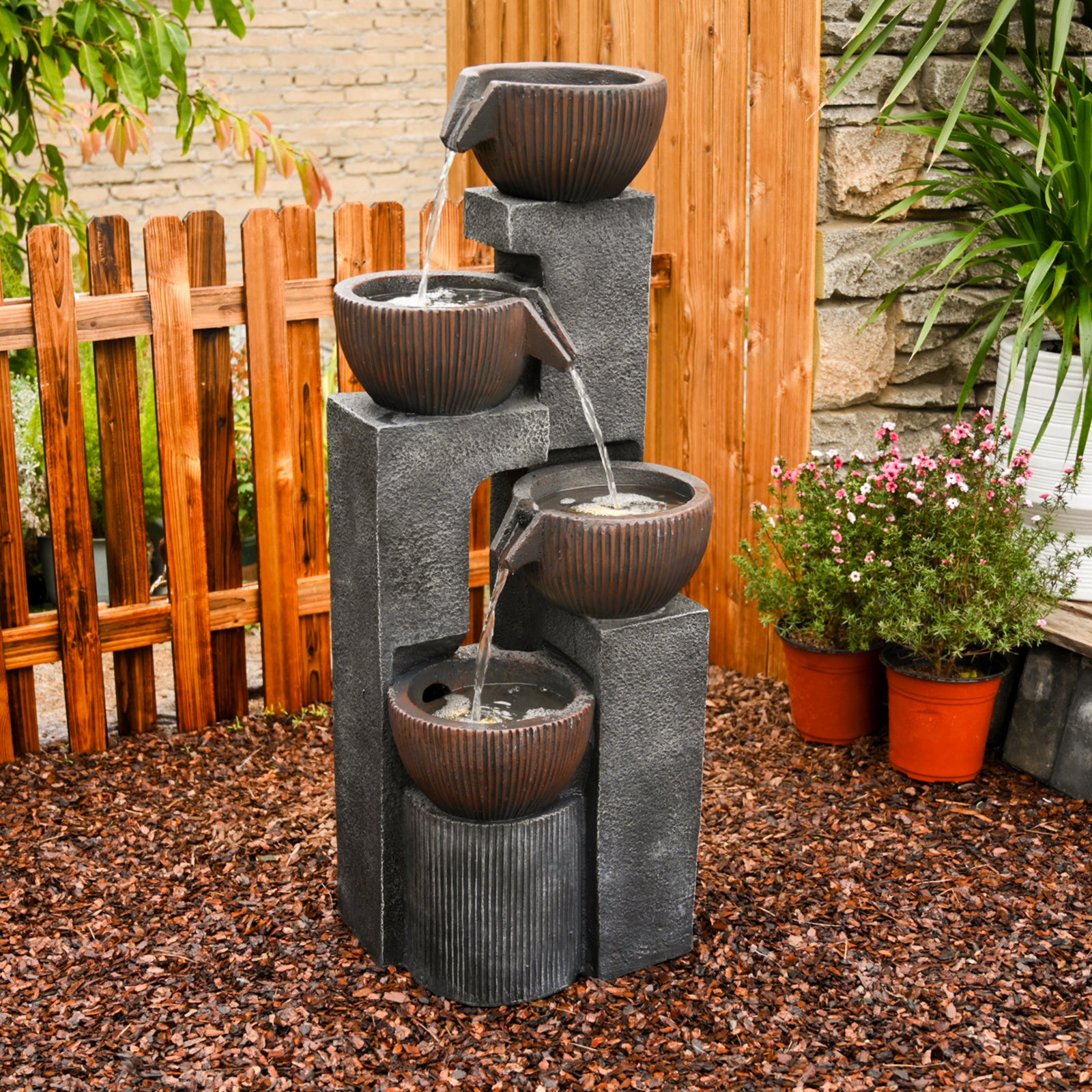 【Brand New】LS4190-39.37''H 4 Tier Water Garden Fountain Outdoor 4 Bolt Waterfall Fountains