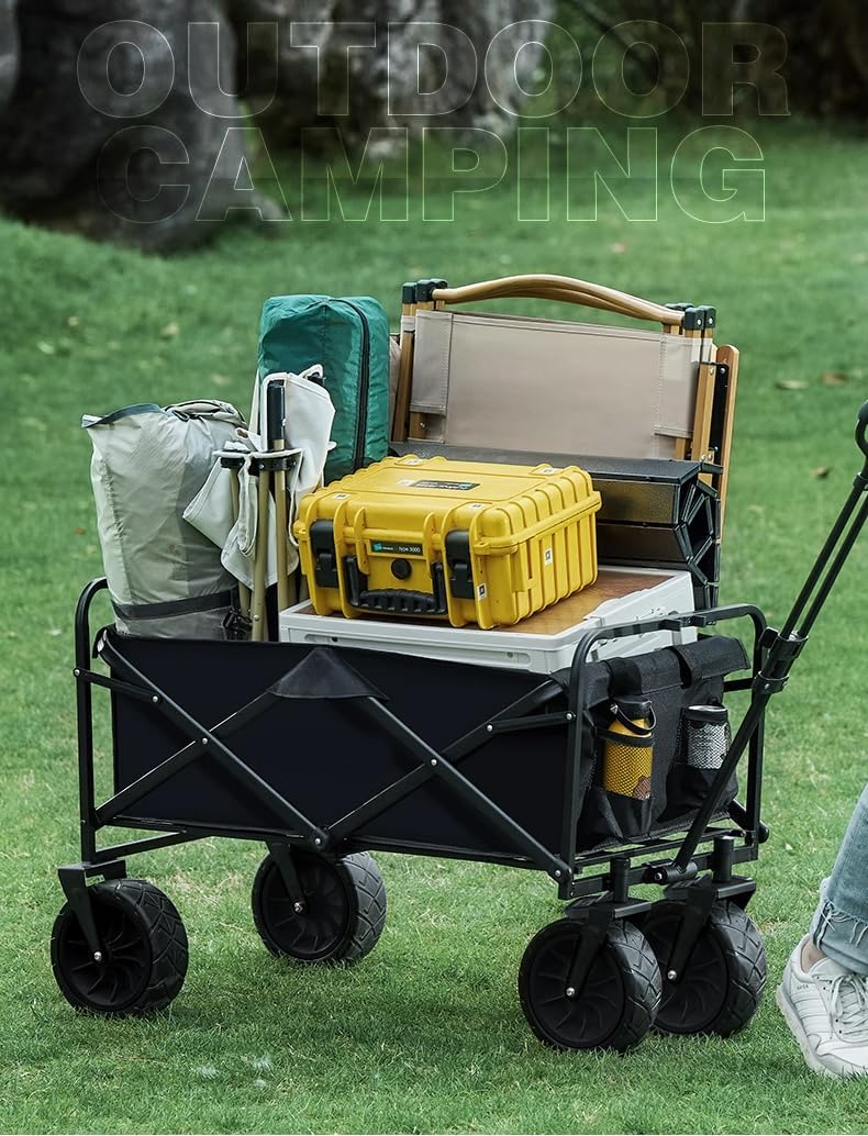 Collapsible Wagon Cart, 440LBS, Big Wheel for Sand, All-Terrain Wheels (Black with Canopy)