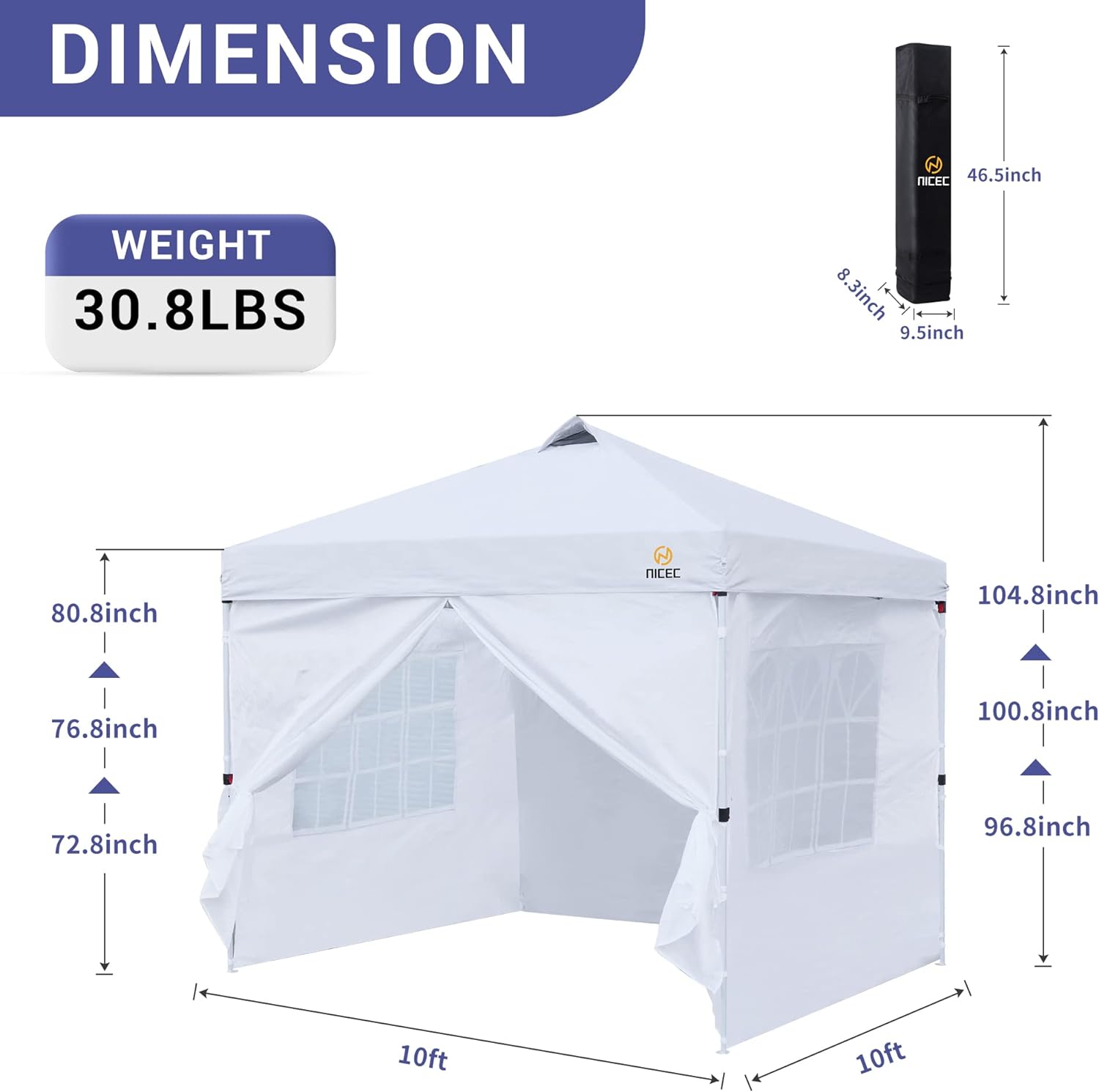 Pop Up Canopy Tent, 10x 10 Sun Shelter (Option for Detachable 0 wall/1 wall/4 wall）