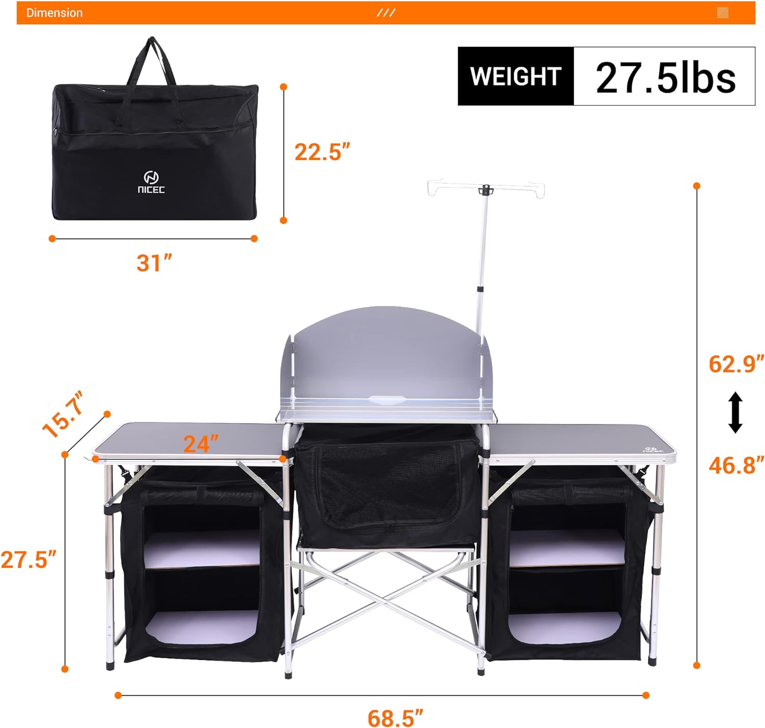 Camping Kitchen Table, Folding, Windshield & 3 Organizers, Carry Bag