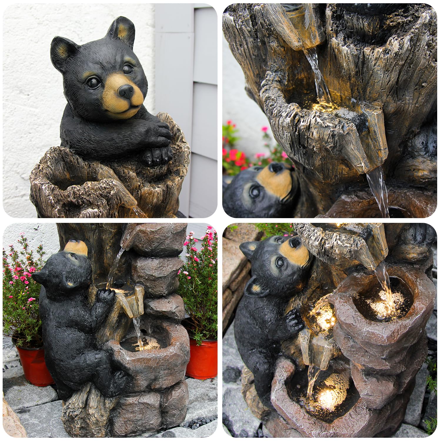 【Brand New】LS4616-40.16''H 5 Tier Water Garden Fountain Outdoor 2 Black Bears Climbing Tree Trunk Waterfall Fountains