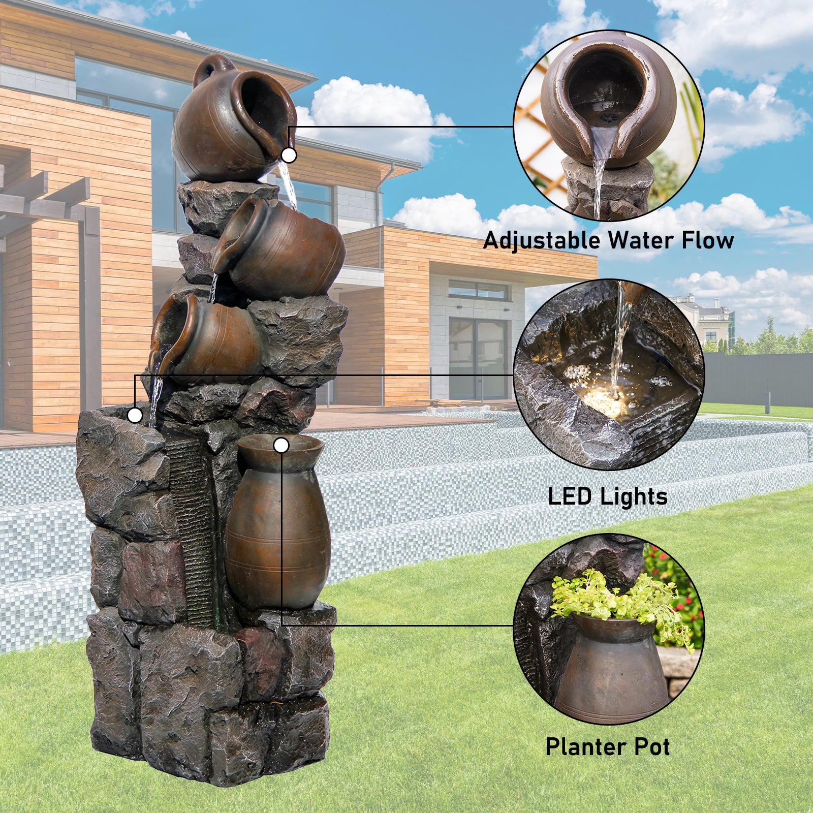 【Brand New】LS4612-45.67''H 5 Tier Water Garden Fountain Outdoor 4 Pots Waterfall Fountains