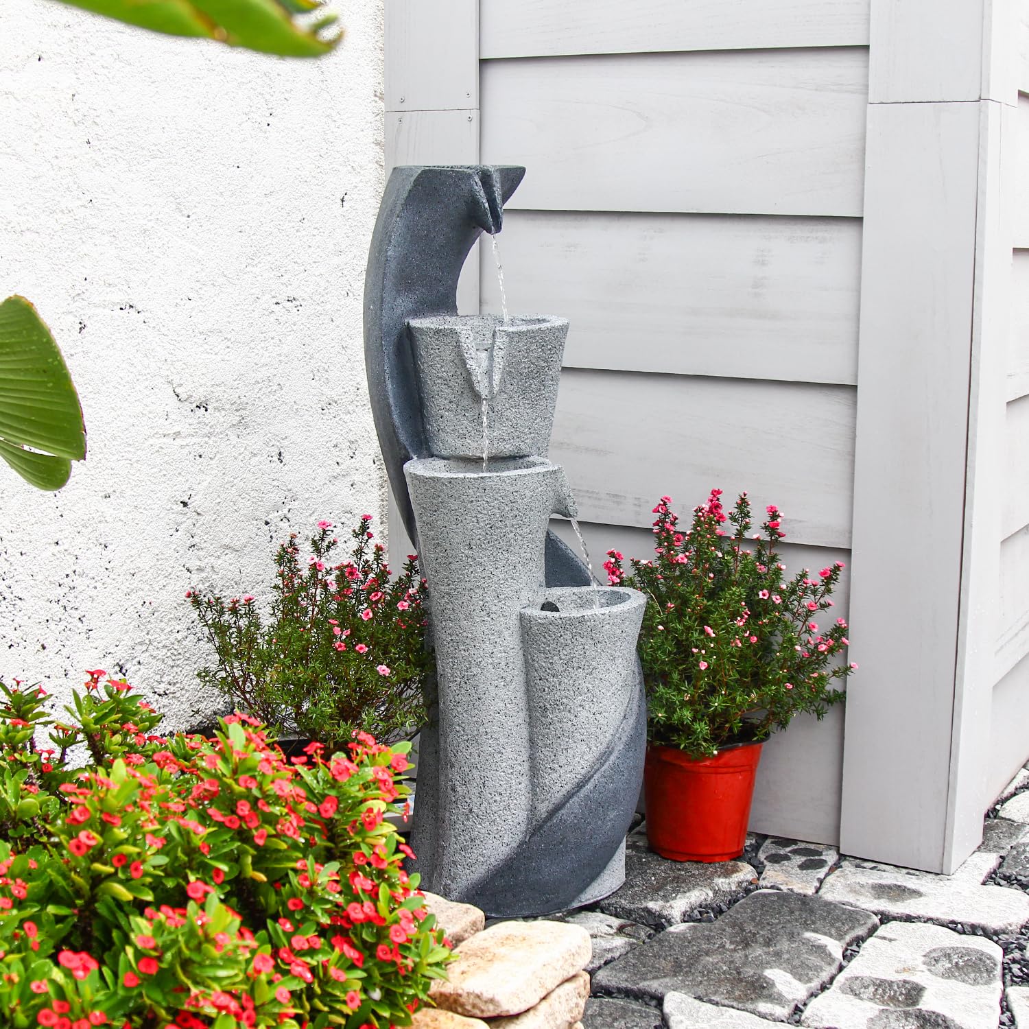 【Brand New】LS4611-35.43''H 4 Tier Waterfall Fountain Outdoor Modern Column S-Shaped Water Garden Fountains Indoor