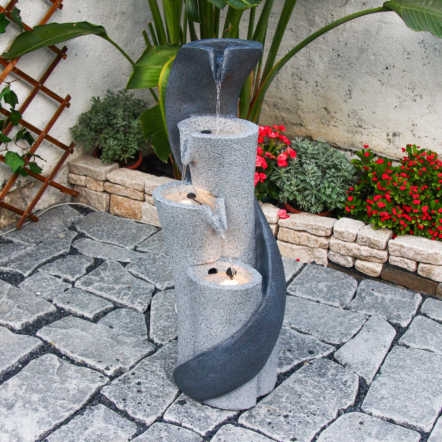 【Brand New】LS4611-35.43''H 4 Tier Waterfall Fountain Outdoor Modern Column S-Shaped Water Garden Fountains Indoor