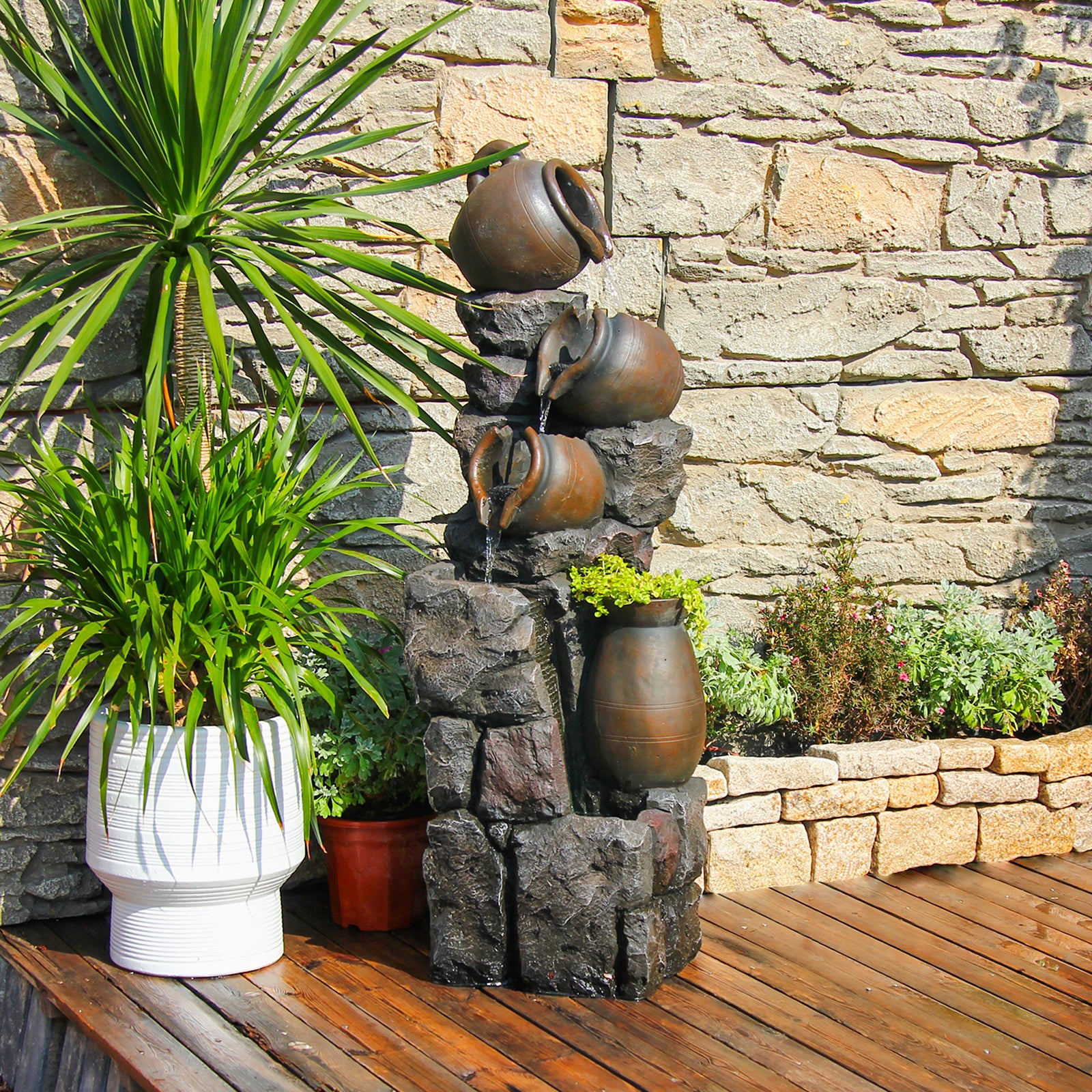 【Brand New】LS4612-45.67''H 5 Tier Water Garden Fountain Outdoor 4 Pots Waterfall Fountains