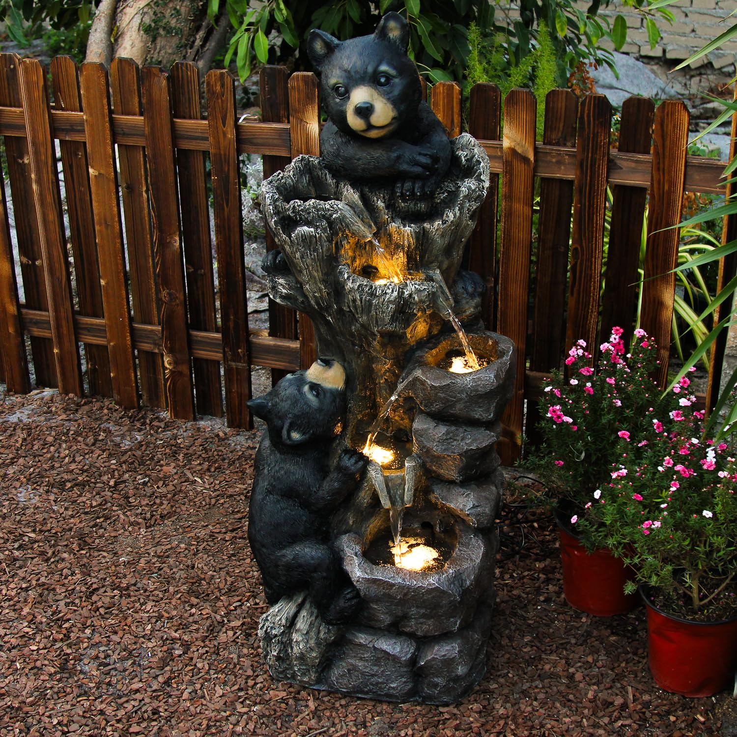 【Brand New】LS4616-40.16''H 5 Tier Water Garden Fountain Outdoor 2 Black Bears Climbing Tree Trunk Waterfall Fountains