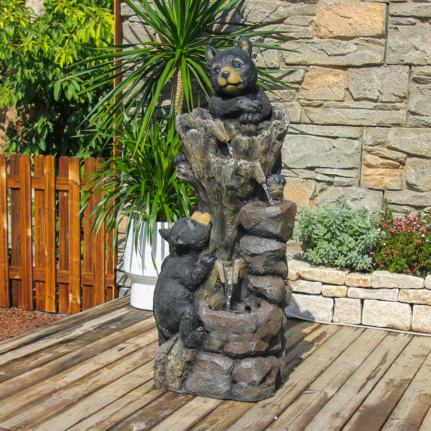 【Brand New】LS4616-40.16''H 5 Tier Water Garden Fountain Outdoor 2 Black Bears Climbing Tree Trunk Waterfall Fountains