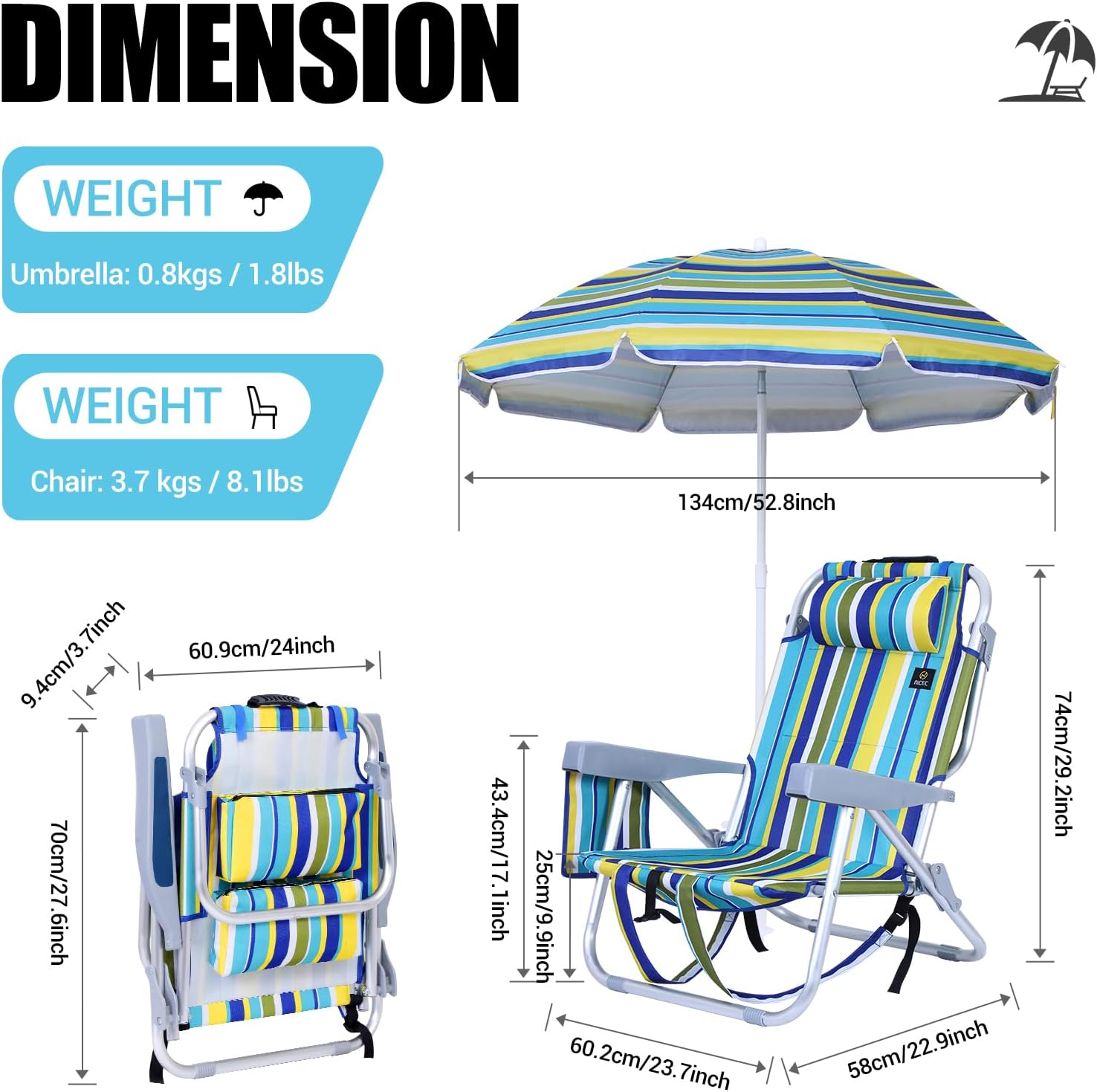 Beach Chair with Umbrella, Sand Chair, Cooler, High Back, Cup Holder & Carry Bag