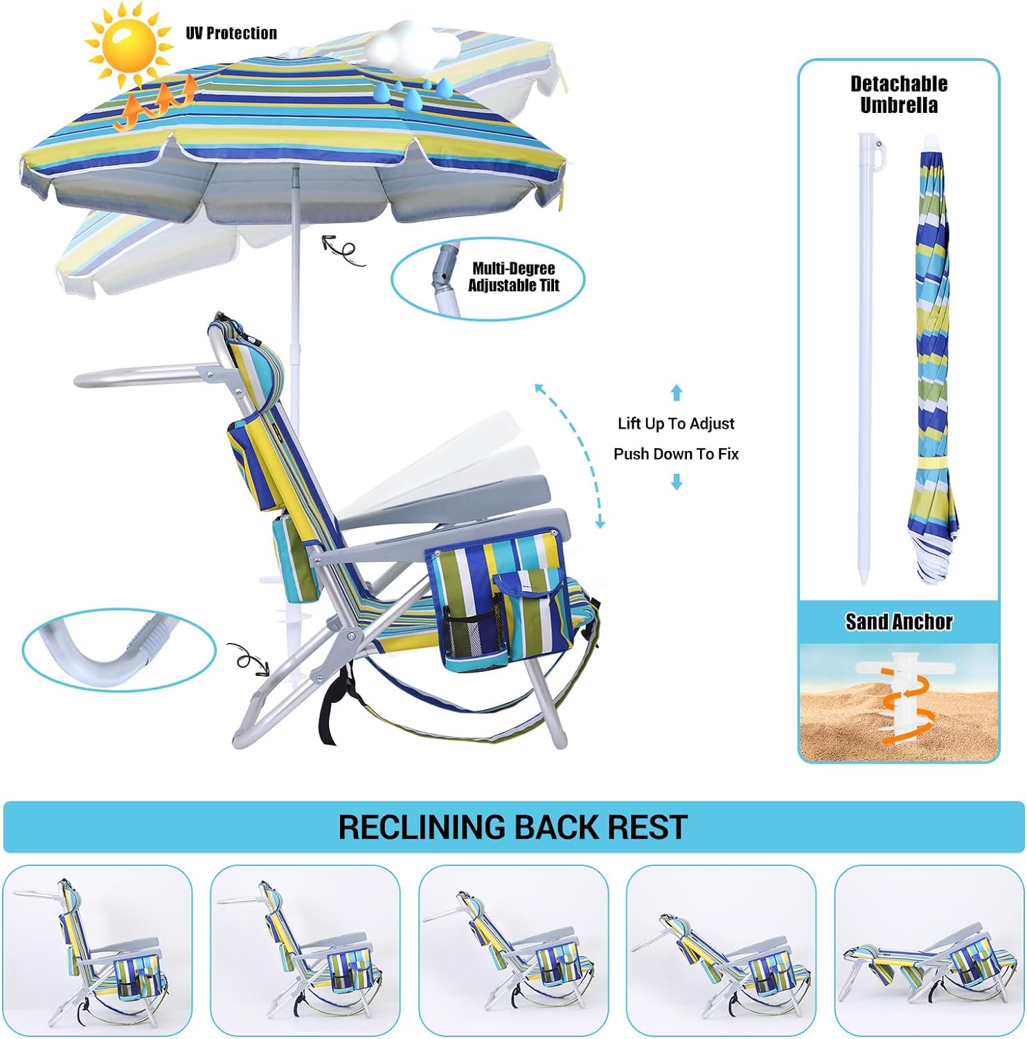 Beach Chair with Umbrella, Sand Chair, Cooler, High Back, Cup Holder & Carry Bag