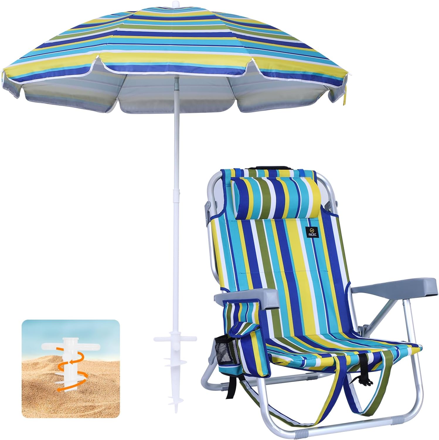 Beach Chair with Umbrella, Sand Chair, Cooler, High Back, Cup Holder & Carry Bag