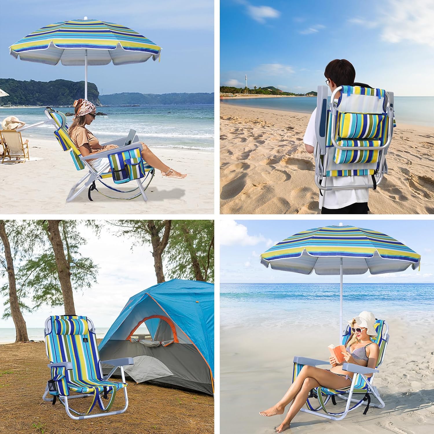 Beach Chair with Umbrella, Sand Chair, Cooler, High Back, Cup Holder & Carry Bag