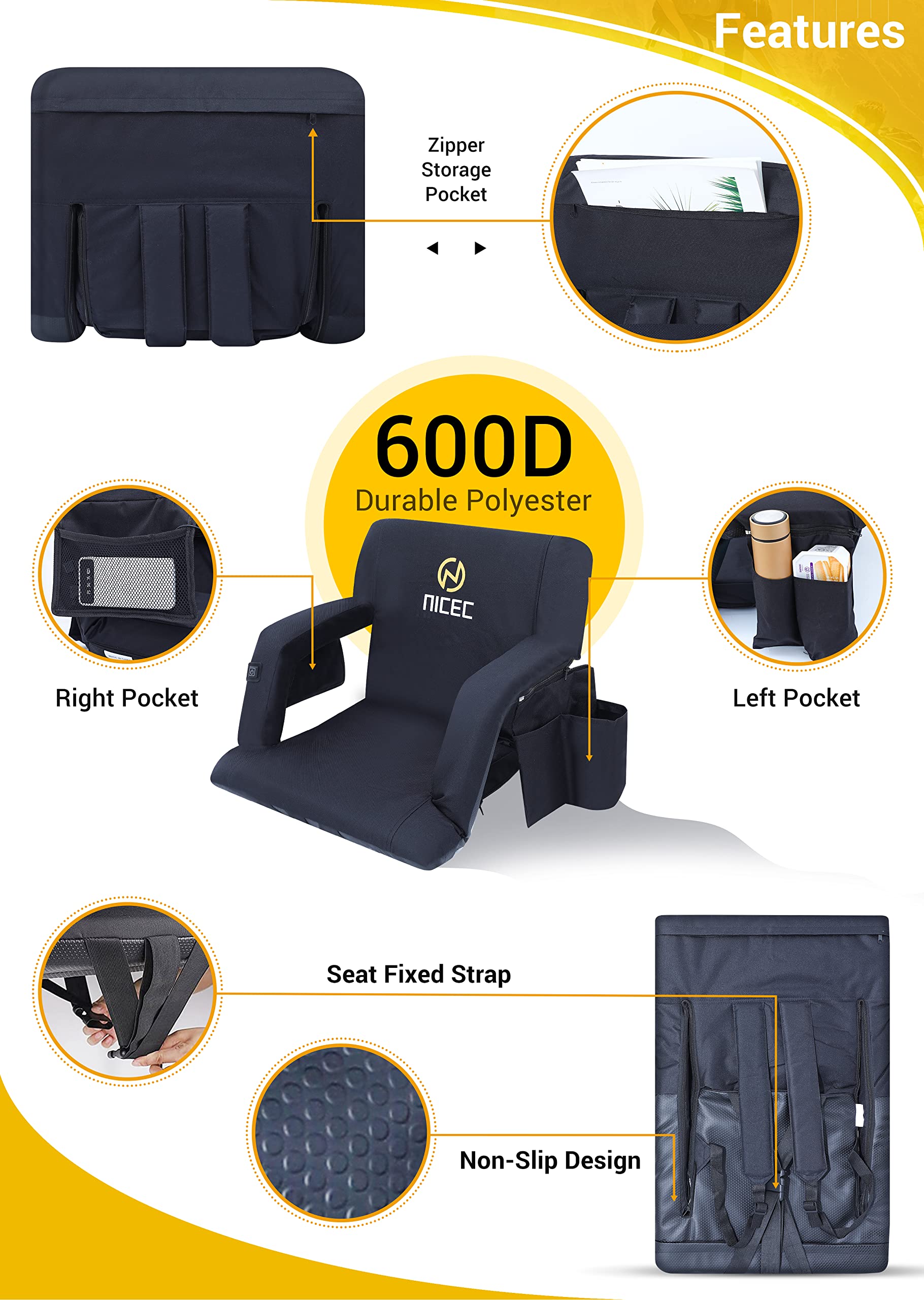 【open box】Heated Bleacher Seat, 5 Reclining Positions Waterproof Cushion