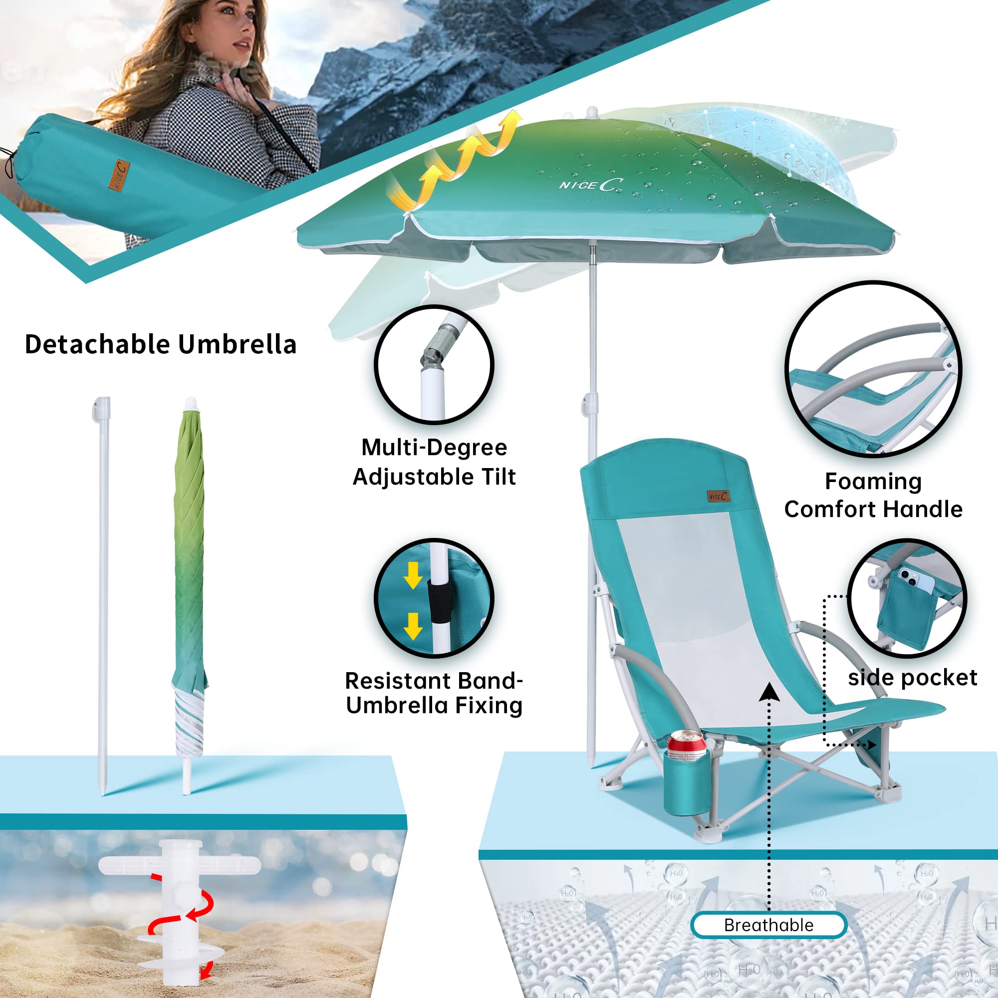 【open box】Beach Chair, Beach Chairs for Adults with Umbrella and Cooler