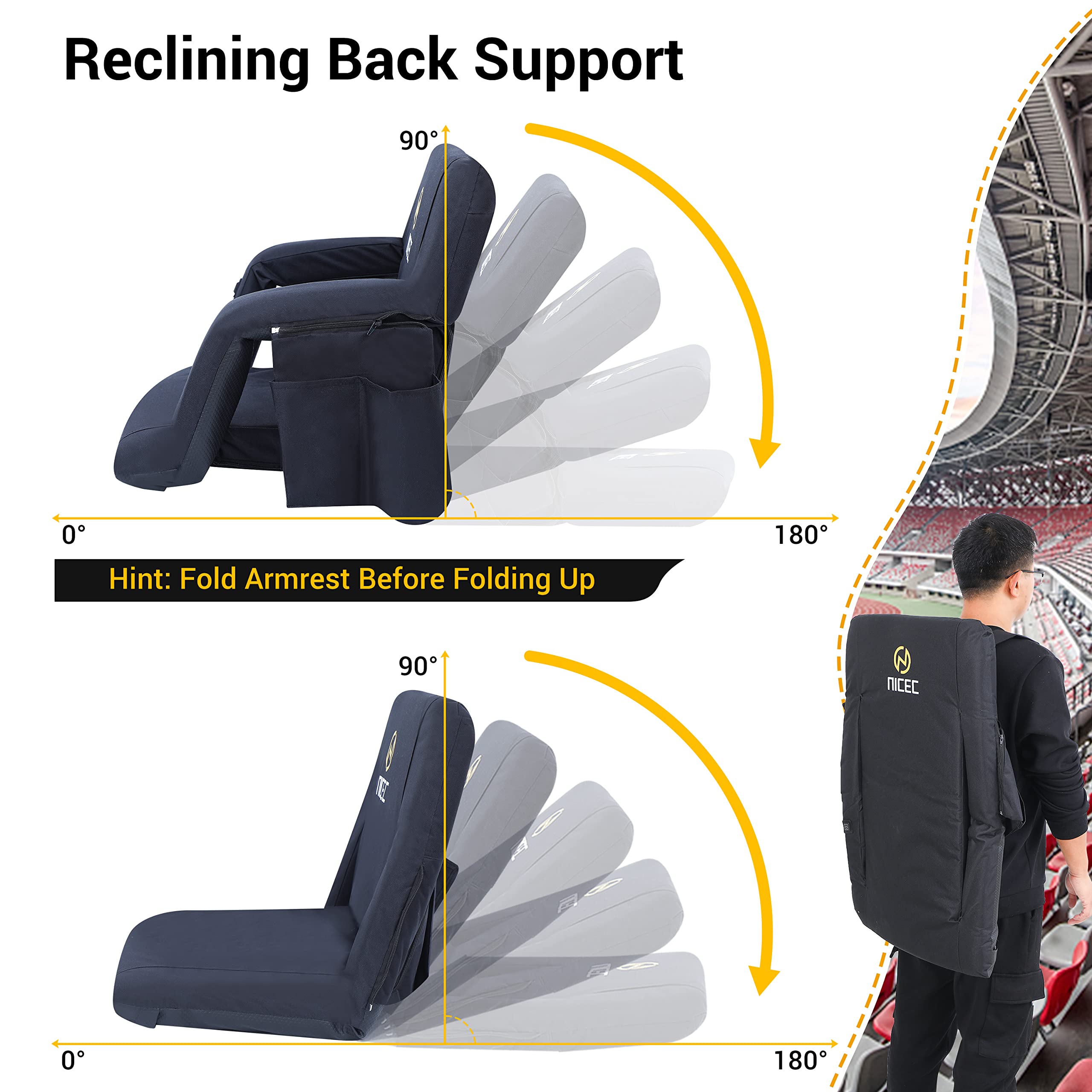 【open box】Heated Bleacher Seat, 5 Reclining Positions Waterproof Cushion