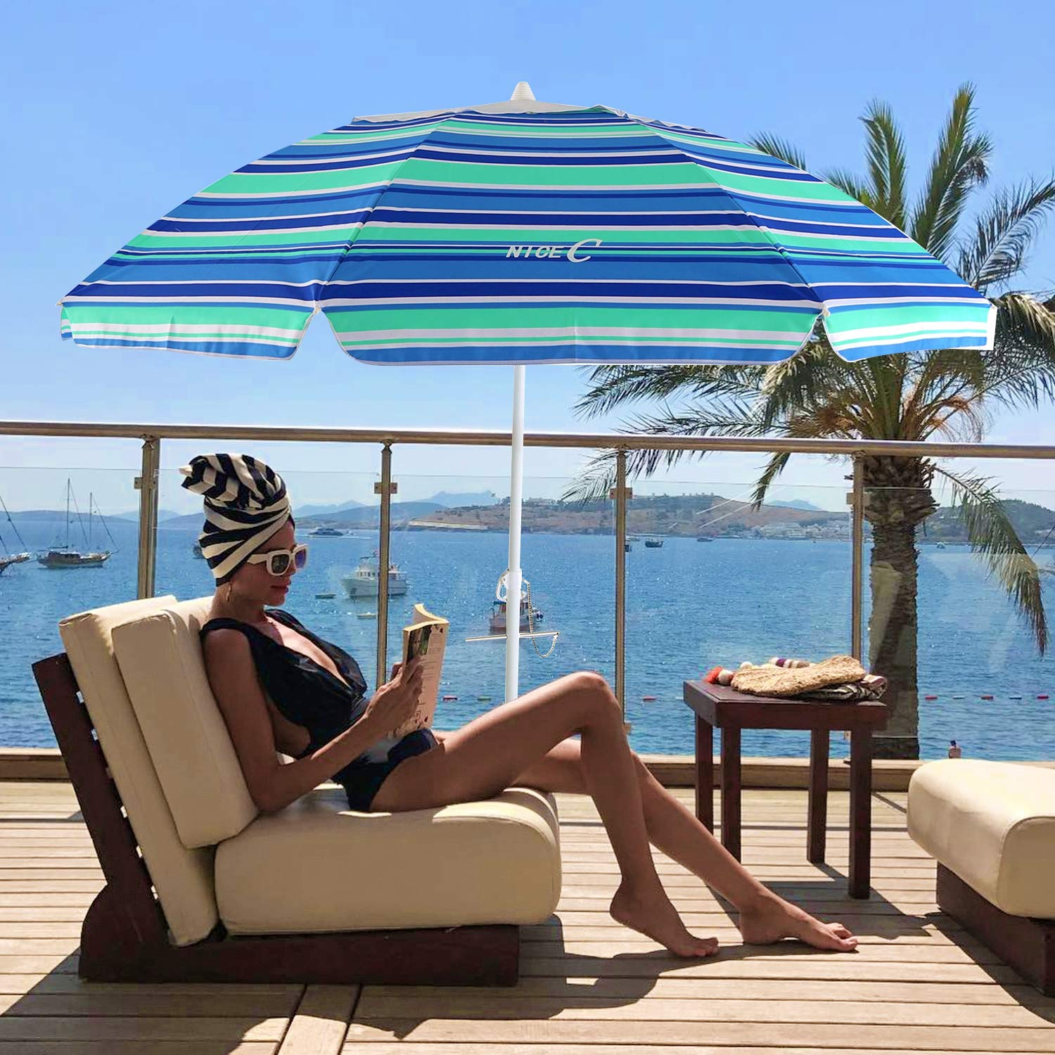 Beach Umbrella with Sand Anchor, 6.5ft Portable Adjustable Tilt with Sand