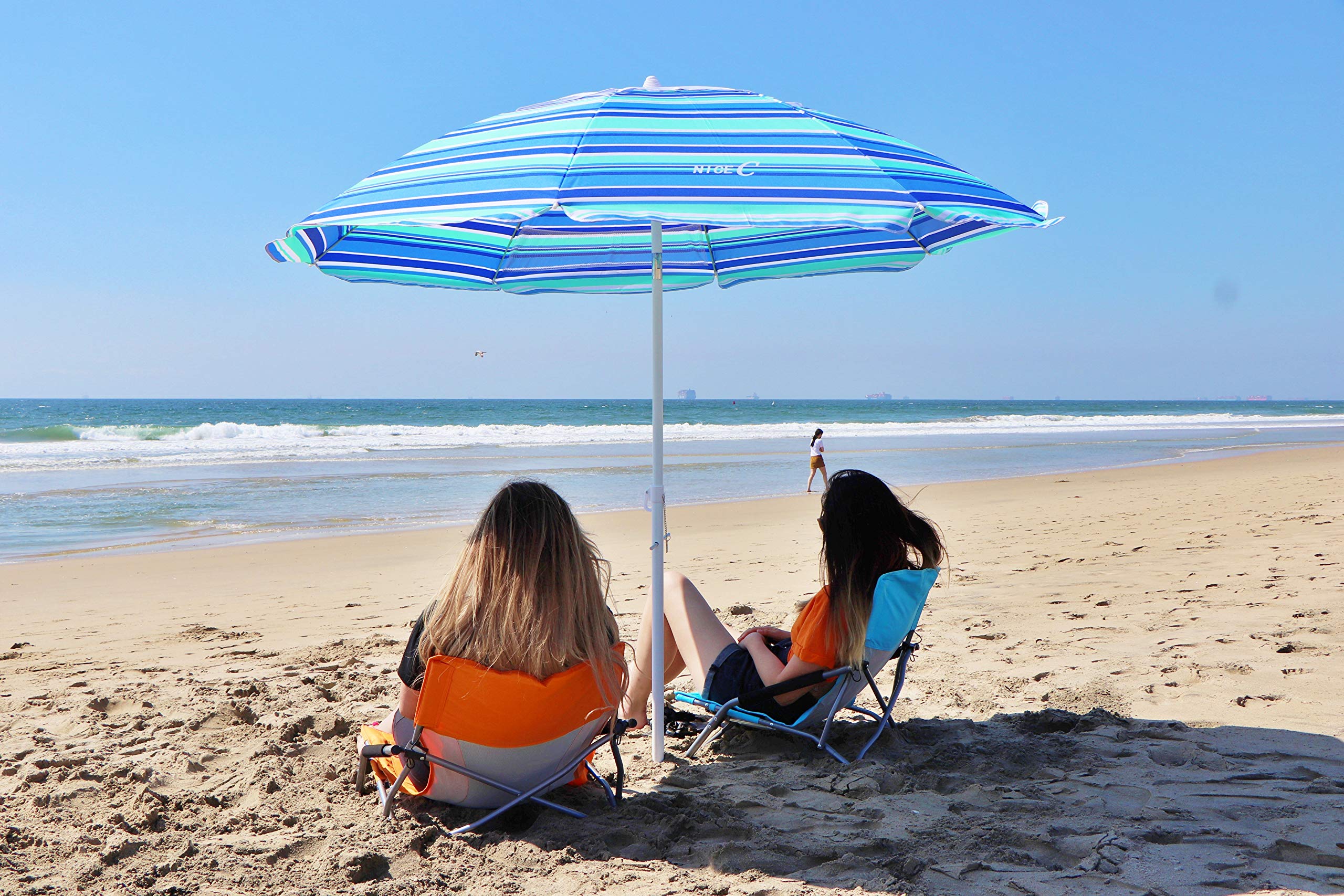 Beach Umbrella with Sand Anchor, 6.5ft Portable Adjustable Tilt with Sand