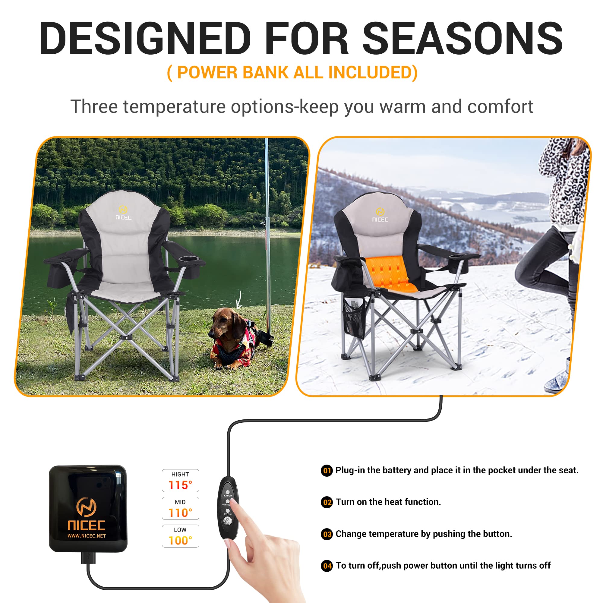 Heated Chairs, Heated Camping Chair, Beach Chair, Folding Chair, 10000mAh Power Bank