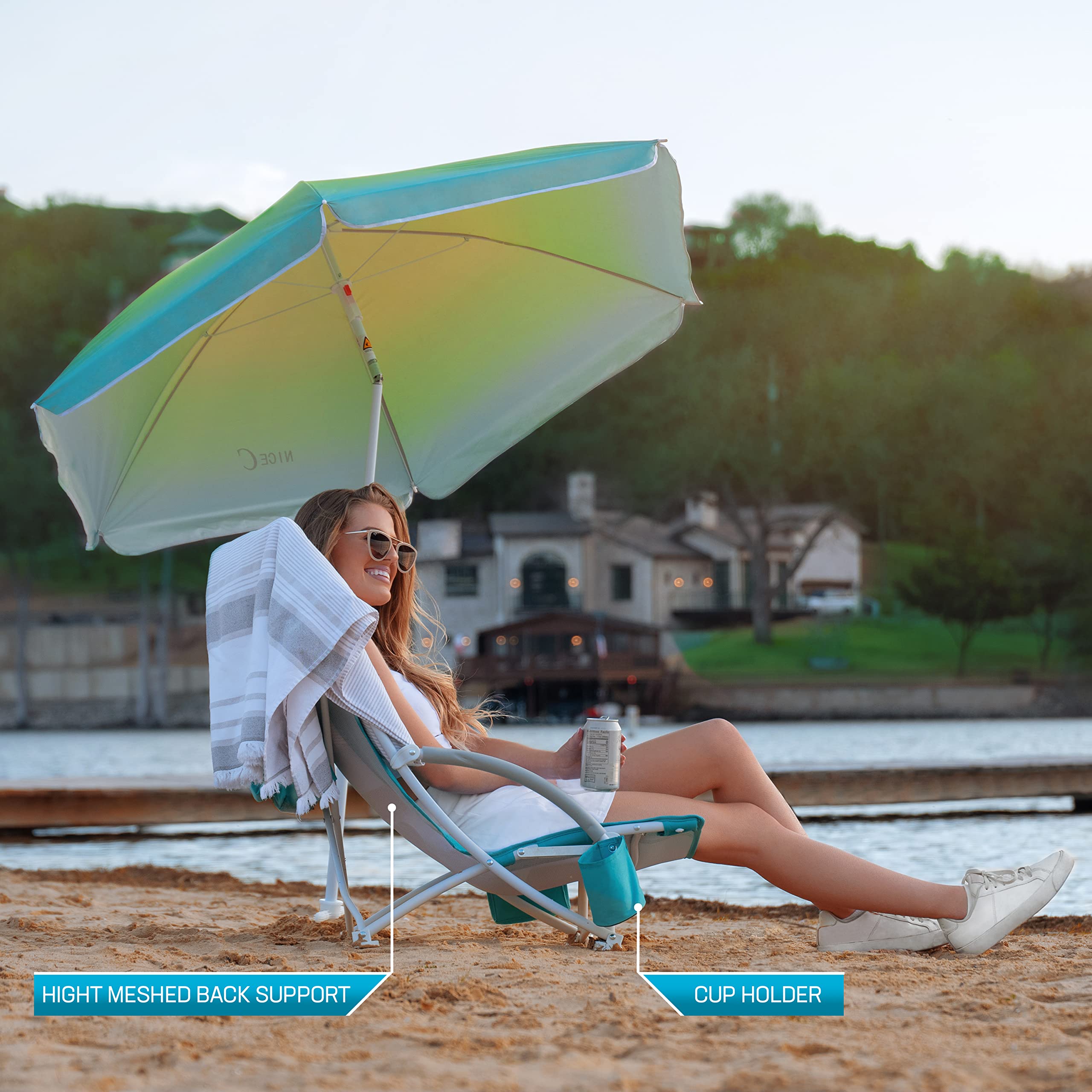 【open box】Beach Chair, Beach Chairs for Adults with Umbrella and Cooler