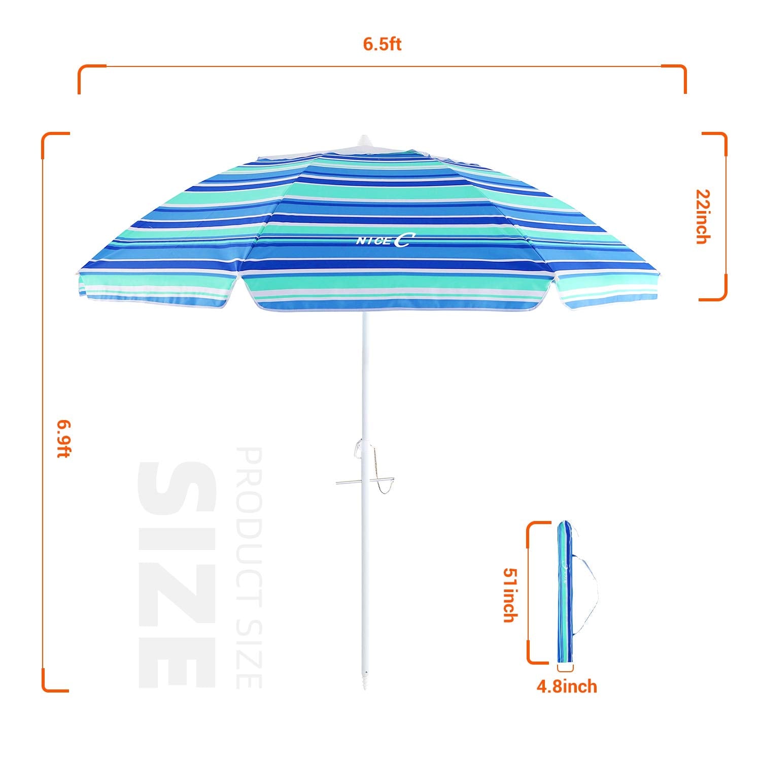 Beach Umbrella with Sand Anchor, 6.5ft Portable Adjustable Tilt with Sand